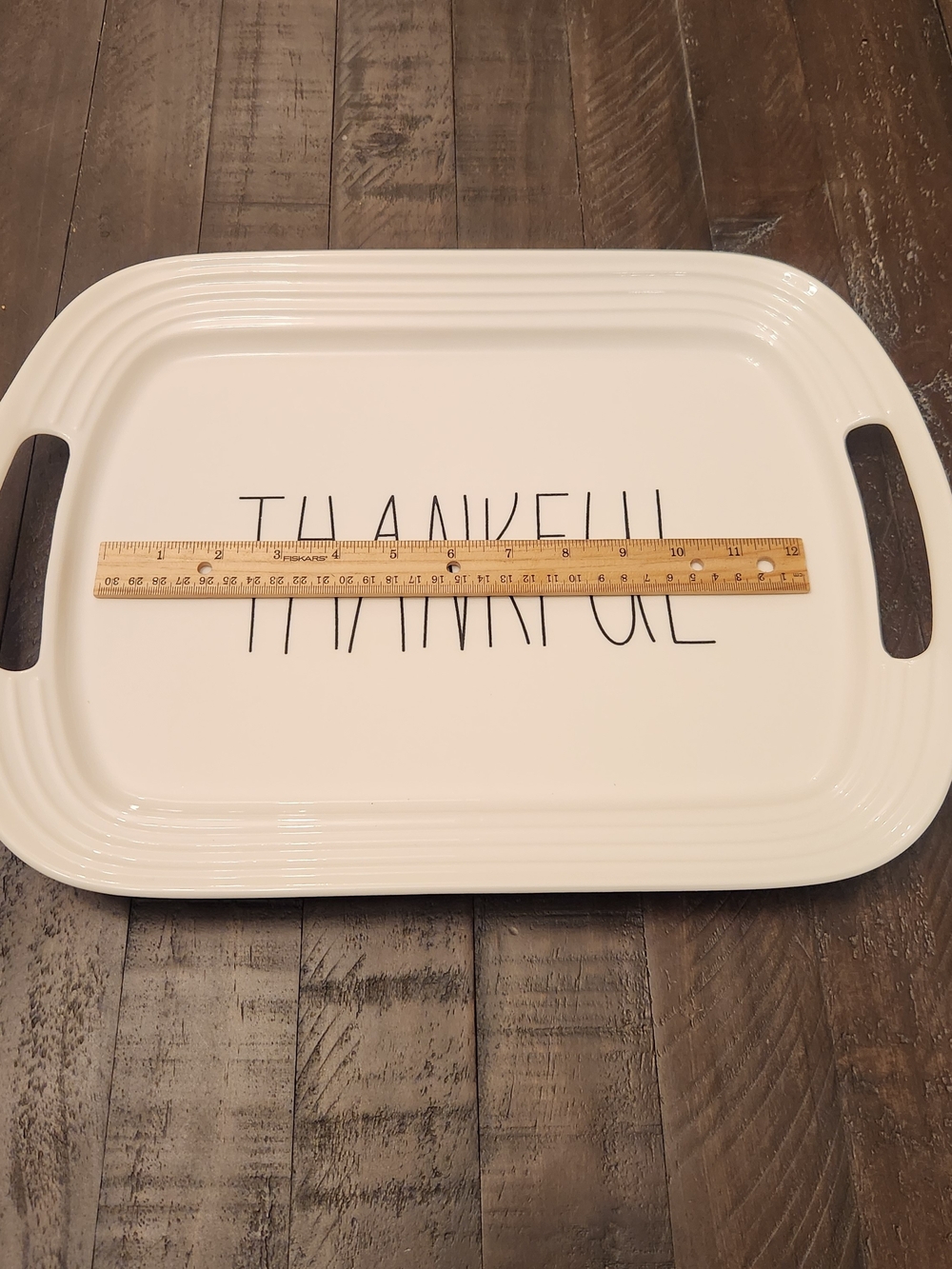 Farmhouse Ceramic "THANKFUL" Rectangular Serving Platter Tray with Handles - Picture 4 of 4